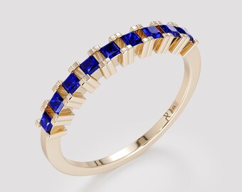 Princess Cut Sapphire Eternity Ring 14K Solid Gold Real Diamonds Half Eternity Ring