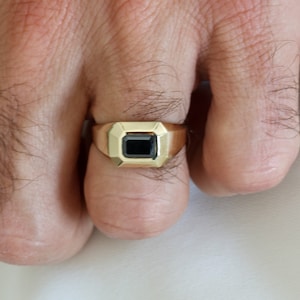 Black Diamond Men&#39;s Signet Ring: 14K Gold Geometric Art Deco Pinky Ring