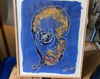 Golden Child, blue, gold, abstract, faces, color full, framed