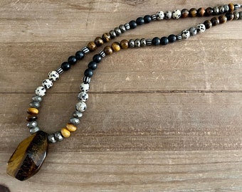 Tiger's eye Men's necklace, Protection Beaded necklace for men with Large tiger's Eye Pendant, Masculine Necklace