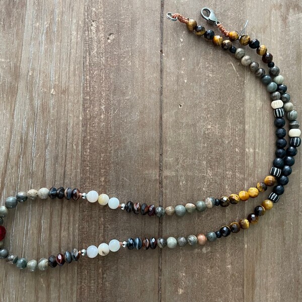 Men's Beaded necklace, Tiger's Eye and jasper necklace,Gemstone necklace, Men's Gift, Boyfriend necklace, Surfer necklace