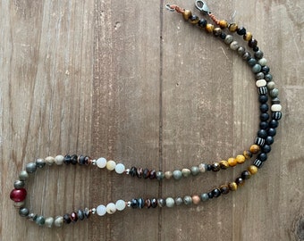 Men's Beaded necklace, Tiger's Eye and jasper necklace,Gemstone necklace, Men's Gift, Boyfriend necklace, Surfer necklace