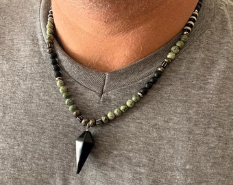 Collier de protection pour hommes, collier serpentine et perles de pyrite avec pendentif en obsidienne, collier de perles pour homme, collier masculin