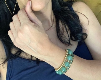 Green & Gold Bracelets set For Women, Beaded Stacking bracelets set with gemstones, Adjustable Boho set, Mother's day Gift