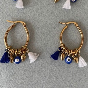 Evil Eye Earrings, Woman&#39;s Golden Earrings, Blue and White Earrings with Charms and Tassels, Unique Earrings for Women, Gift Idea for Woman