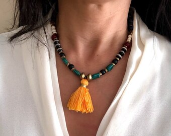 Beaded Necklace with yellow tassel, Statement necklace for women, Multi Gemstone necklace,Colorful Bohemian necklace, Mother's Day Gift