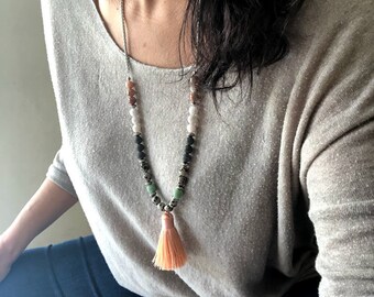 Pink tassel necklace with Gemstones ,Tassel pendant necklace, Woman Long necklace,Beaded Colorful necklace, Mother's Day Gift