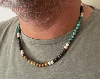 Mens Beaded necklace with Turquoise and Jasper, Stone necklace, Surfer necklace, Surfing Jewelry, Men's Gift, Holidays Gift Ideas