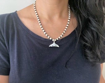 White Beaded Necklace with Whale tail Pendant, Every Day Necklace, Simple and Beautiful Necklace