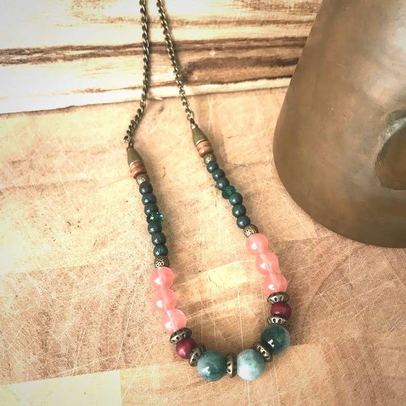 birthstone jewelry Bohemian Gemstones necklace ,Rose Quartz Beaded colorful necklace Women statement necklace Long chunky necklace