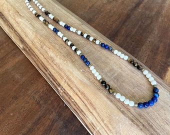Blue and White Men's Beaded Necklace, Lapis Lazuli and Howlite Necklace, Gemstone Necklace, Men's Gift, Boyfriend necklace, Surfer necklace