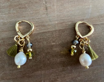 Golden Dangle Drop Tassel Earrings with Freshwater Pearl ,Tassel and Gemstones, Gold Plated, Light Weight, Elegant Earrings for Women