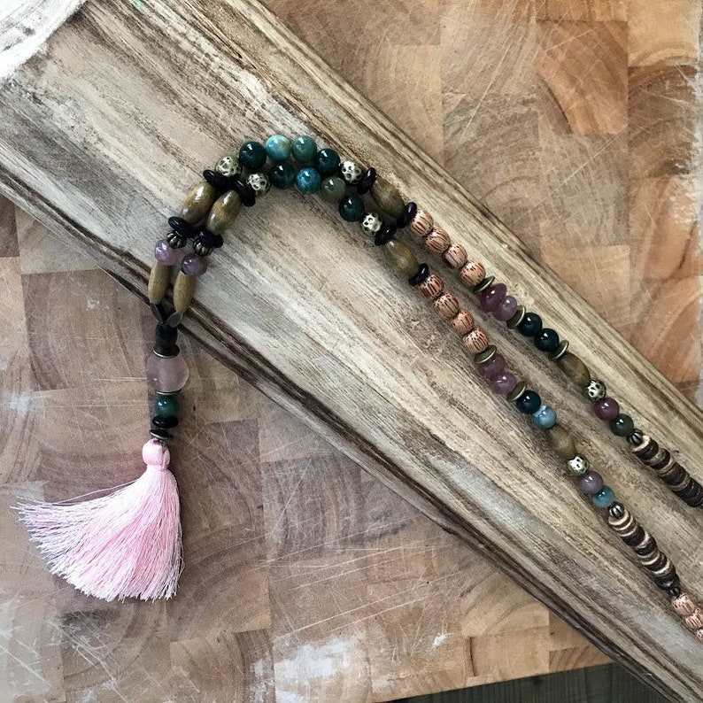 Beaded MALA Long Statement Mala Unique Bohemian Mala necklace Tassel necklace Birthstone jewelry Pink Mala necklace Gemstones mala