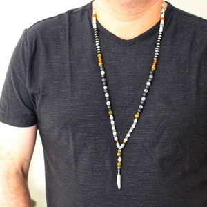 Long Beaded necklace for men, Gemstones necklace, Men's Lariant necklace, Multi bead necklace, Y necklace with pendant, Man Boho Necklace