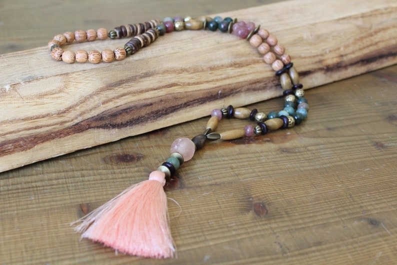 Beaded MALA Long Statement Mala Unique Bohemian Mala necklace Tassel necklace Birthstone jewelry Pink Mala necklace Gemstones mala