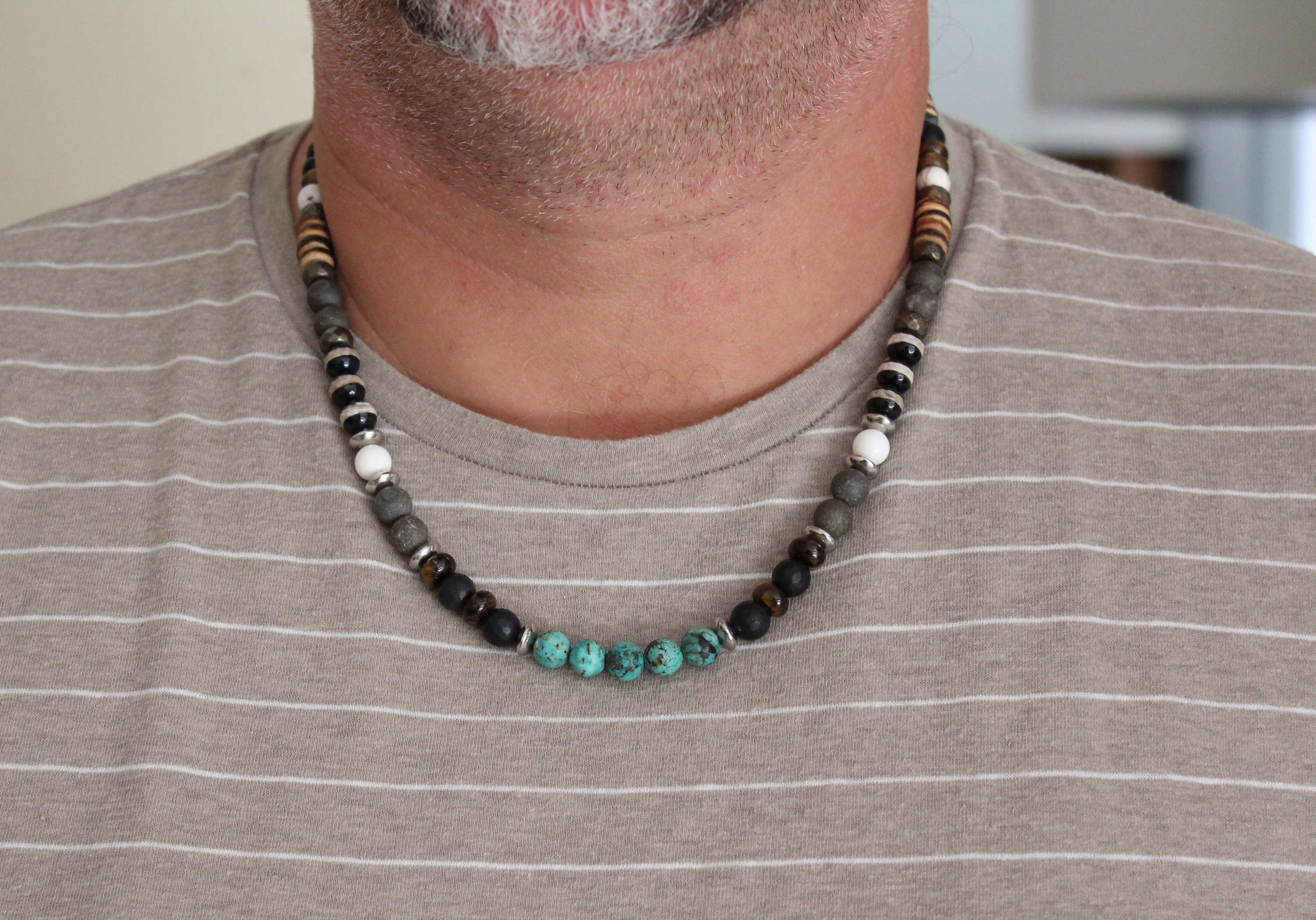 Mens Beaded Necklace With Gemstones , Multi Stone Necklace Mens Beaded Necklace With Gemstones , Multi Stone Necklace