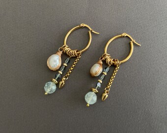 Beautiful Hoop Earrings for Woman With White pearl and Aquamarine, Unique Boho Earrings, Woman's Gift, Golden Elegant Earrings, Mother's Day