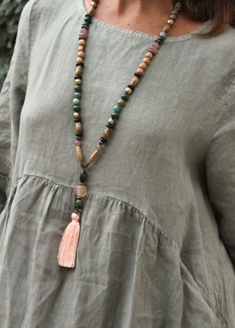 Beaded MALA Long Statement Mala Unique Bohemian Mala necklace Tassel necklace Birthstone jewelry Pink Mala necklace Gemstones mala