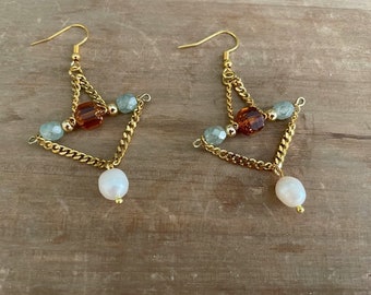 Triangle chandelier earrings with Freshwater Pearls,Czech beads and gold elements, Women's Beaded Earrings