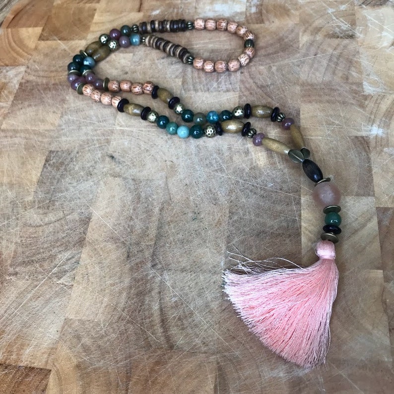 Beaded MALA Long Statement Mala Unique Bohemian Mala necklace Tassel necklace Birthstone jewelry Pink Mala necklace Gemstones mala