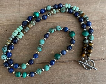 Men's Blue Necklace, Gemstones necklace, Turquoise, Blue Lapis Necklace, Beaded Necklace, Boho Necklace for Men, Xmas Gift Idea, Unique Gift