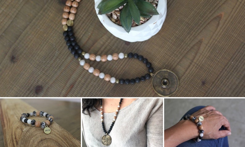 Bohemian necklace Beaded Gemstones Black/&white set Bohemian bracelet Monochrome jewelry Chunky Bohemian jewelry Bohemian jewelry set