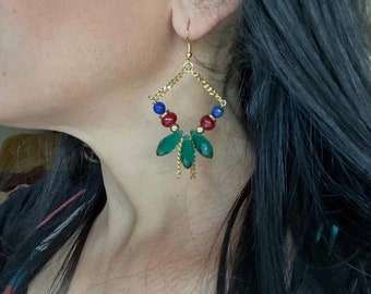 Green and Red Bohemian Earrings, Women's Statement Earrings, Colorful Beaded Earrings, Christmas Gift For Woman