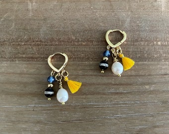 Boho Earrings, Golden Earrings with Pearl ,Tassel and Gemstones, Small Colorful Earrings, Light Weight, Elegant Earrings for Women
