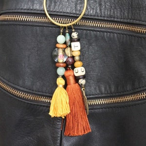 Personalized Initial Purse charm, Colorful keychain with Tassels and Gems, Bag Accessory, Bohemian Zipper charm, Valentine&#39;s Day Gift