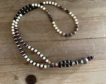Man Bead Mala necklace, Long Beach necklace ,Surfer Black&White Necklace , Vagator Mala Necklace, Hippie Boho Necklace