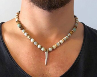 Beaded necklace for Mens with Tusk Horn Pendant ,Amazonite and Tiger Eye Gemstone necklace , Unique Beaded necklace for men