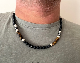 Men's Beaded necklace, Black Stone necklace with Tiger's Eye ,Black Gemstone necklace, Men's Gift, Boyfriend necklace, Surfer necklace