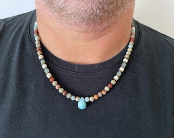 Byron Bay Stone necklace, Mens Beaded necklace with gemstones and Amazonite drop pendant, Surfer necklace, Surfing Jewelry