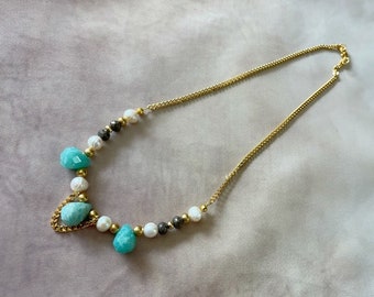 Women's Necklace, Amazonite Drop Necklace ,Pearls and Gemstone Necklace for Women, Unique Necklace For Holidays, Woman's Gift, Gift For Wife