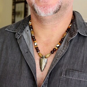 Mens Arrowhead Necklace: Smoky Quartz, Pyrite, and Bone Beads