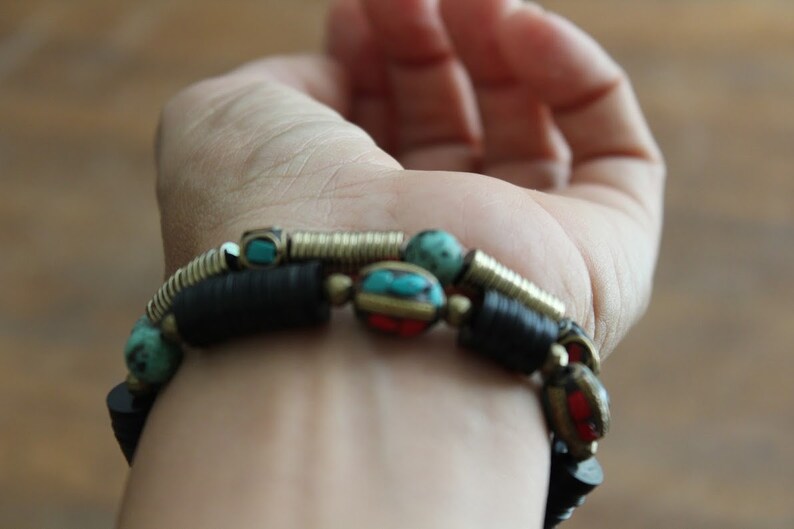 Turquoise bracelet set Black Gold and turquoise Stretch Etsy