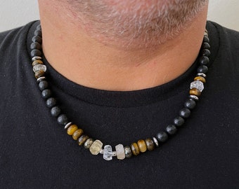 Men's Necklace, Black Necklace, Citrine Necklace, Beaded Necklace, Boho Necklace for Men, Gemstone necklace  Xmas Gift Idea, Unique Gift