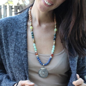Long Statement necklace with Gemstones and silver Pendant, Mother&#39;s Day Gift