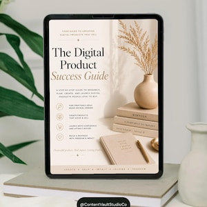 May include: A tablet displays "The Digital Product Success Guide" with text about creating digital products. A vase with dried plants, books, a pen, and a notebook are arranged beside the tablet. The background is a neutral color.