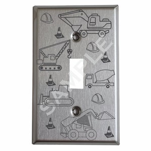 Decorative Engraved Metal Switch Plate Cover | Stainless Steel Wall Plates | Construction Outlet Cover | Nursery Decor | Shop or Boy&#39;s Room