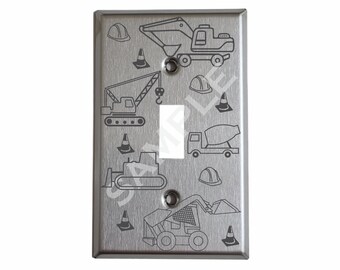 Decorative Engraved Metal Switch Plate Cover | Stainless Steel Wall Plates | Construction Outlet Cover | Nursery Decor | Shop or Boy's Room