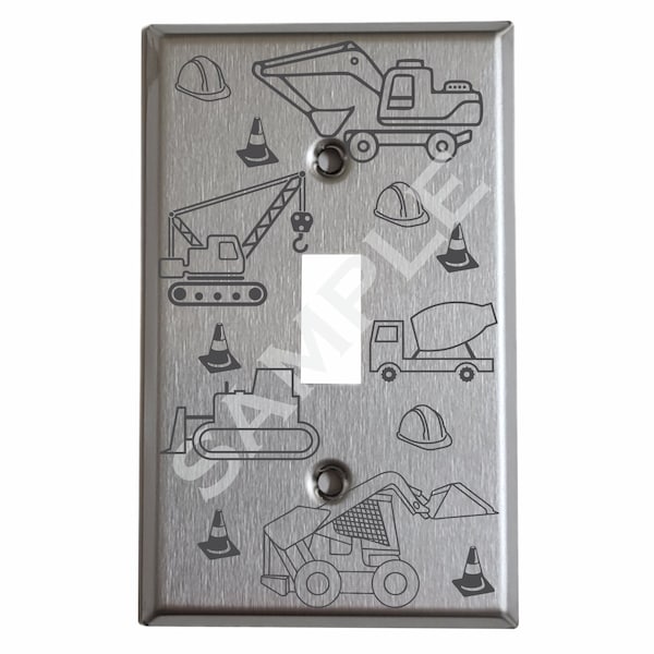 Decorative Engraved Metal Switch Plate Cover | Stainless Steel Wall Plates | Construction Outlet Cover | Nursery Decor | Shop or Boy's Room