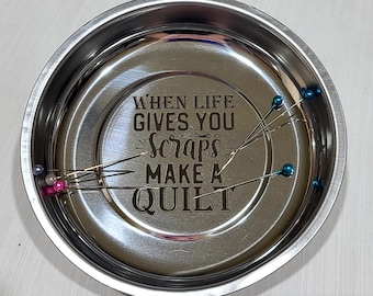 Decorative Engraved Magnetic Pin Tray | Stainless Pin Dish | Sewing Gifts |  Quilting Present Ideas | Supplies | Accessories | Gift for Her