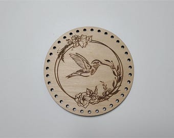 Personalized hummingbird wood Basket Bottoms 5 in diameter, For rope, crochet & knit handmade baskets, engraved with scripture