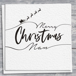 Biglietto di Natale Nan, biglietto quadrato con calligrafia disegnata a mano, slitta di Babbo Natale e renne, auguri di Natale personalizzati