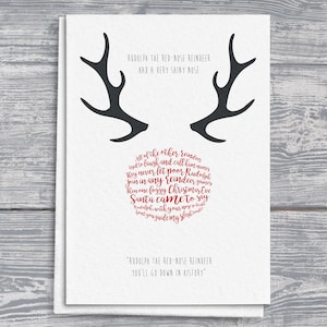 Rudolph the Red Nose Reindeer songtekst kerstkaart met gewei, A5 gepersonaliseerd, kerstwenskaart