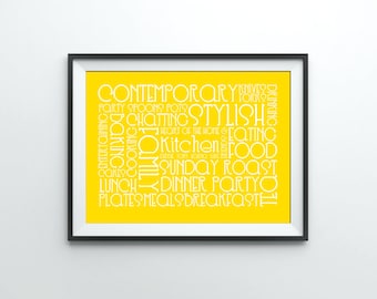 Stampa da cucina personalizzata "Words of the Kitchen" in giallo e bianco