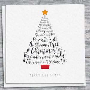 Weihnachtskarte mit Oh Weihnachtsbaum Text, Baumform, Stern-Detail, festliche Grußkarte