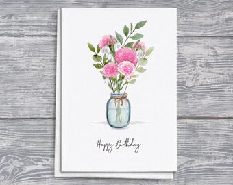 Tarjeta de cumpleaños de enero: Claveles y campanillas de invierno. Saludos floriográficos.