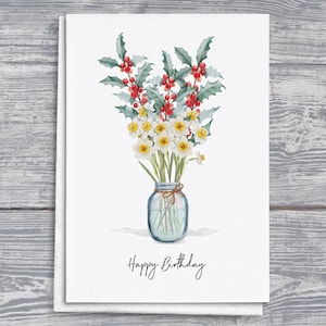Bloemenverjaardagskaart december, op floriografie geïnspireerde wenskaart, botanische verjaardagskaart, unieke cadeaukaart